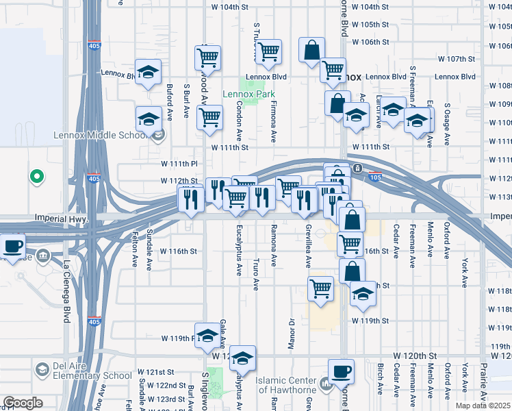 map of restaurants, bars, coffee shops, grocery stores, and more near 11311 Firmona Avenue in Inglewood