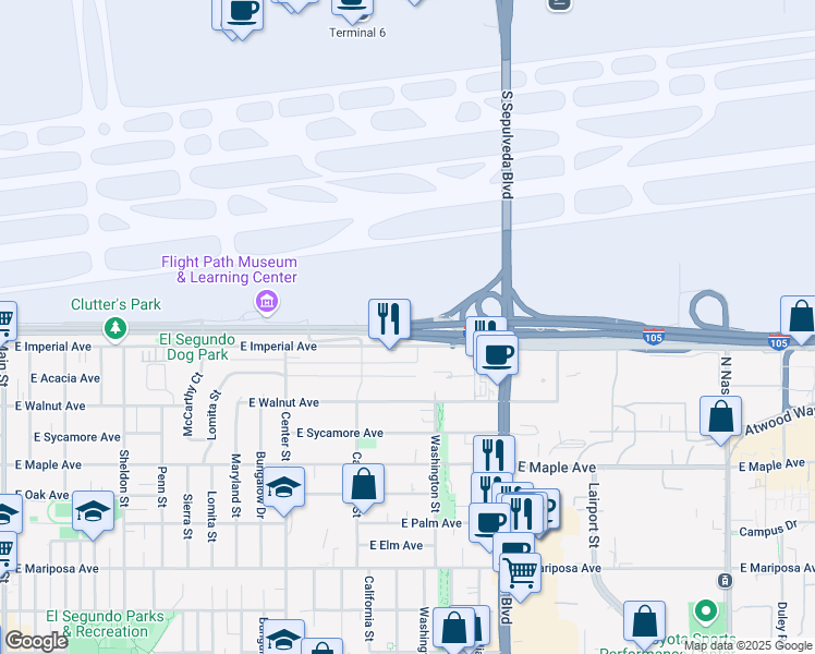 map of restaurants, bars, coffee shops, grocery stores, and more near 1700 Imperial Highway in El Segundo