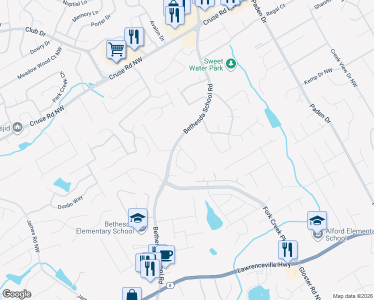 map of restaurants, bars, coffee shops, grocery stores, and more near 326 Highbranch Circle in Lawrenceville