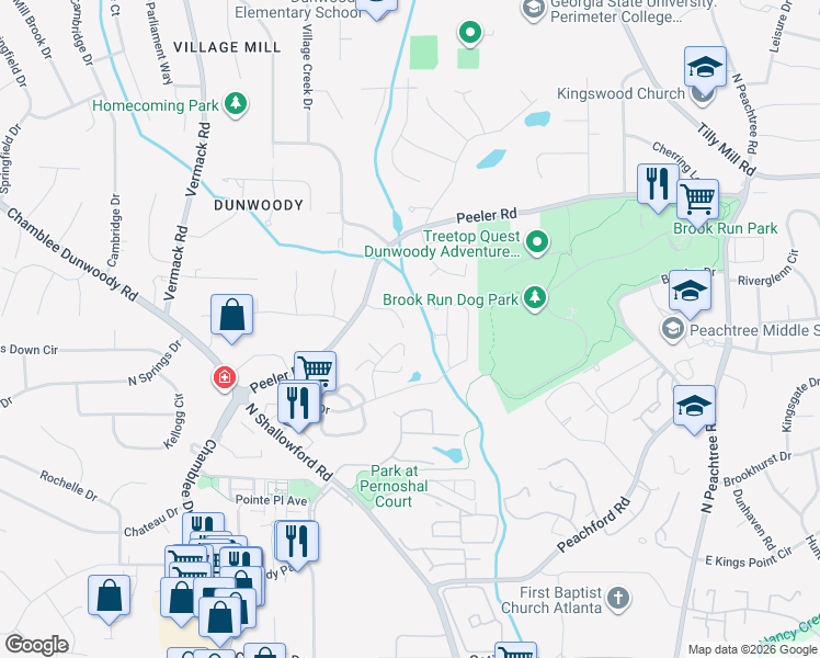map of restaurants, bars, coffee shops, grocery stores, and more near 1976 Huntington Hall Court in Dunwoody