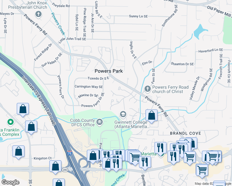 map of restaurants, bars, coffee shops, grocery stores, and more near 2151 Palmyra Drive in Marietta