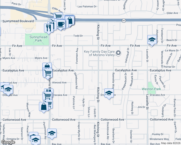 map of restaurants, bars, coffee shops, grocery stores, and more near 13027 Kentland Lane in Moreno Valley