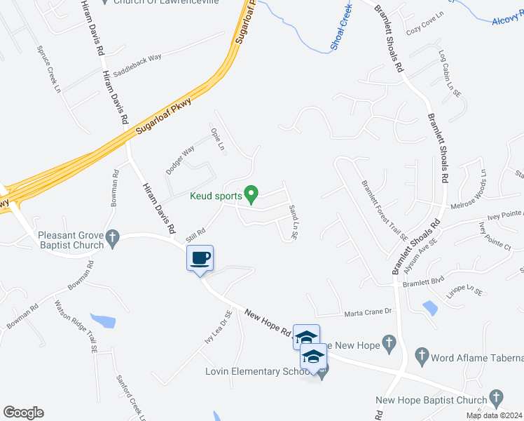map of restaurants, bars, coffee shops, grocery stores, and more near 1450 Still Ridge Lane Southeast in Lawrenceville