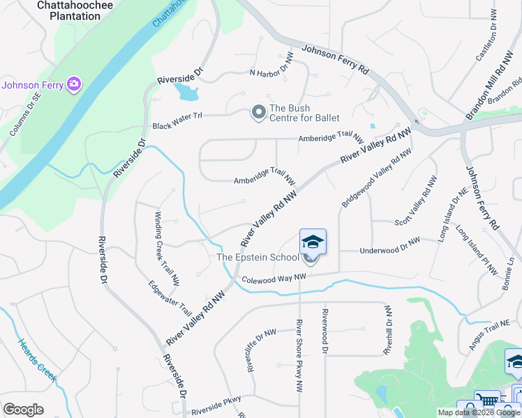 map of restaurants, bars, coffee shops, grocery stores, and more near 445 River Valley Road Northwest in Atlanta
