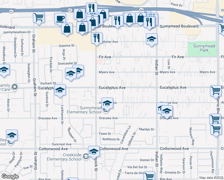 map of restaurants, bars, coffee shops, grocery stores, and more near 24129 Eucalyptus Avenue in Moreno Valley