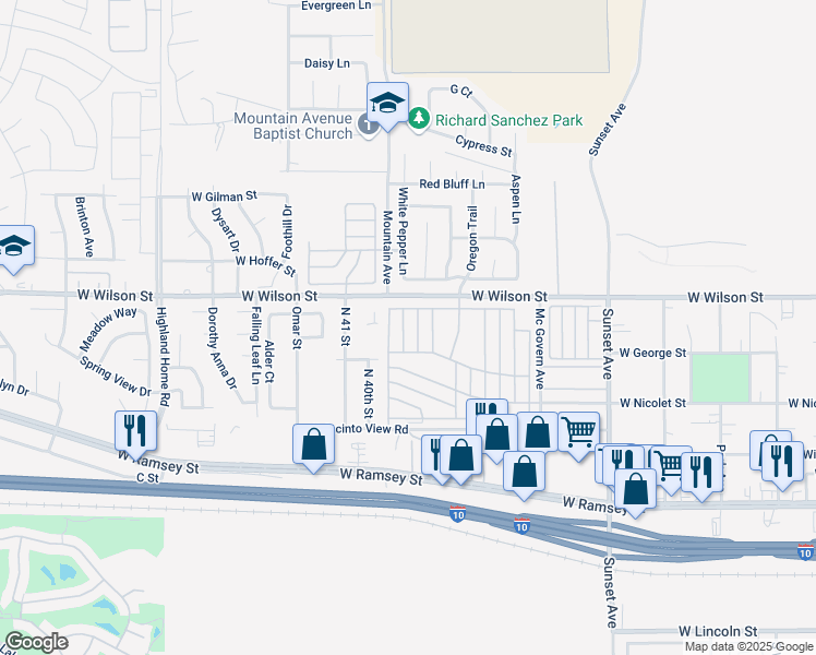 map of restaurants, bars, coffee shops, grocery stores, and more near 3800 West Wilson Street in Banning