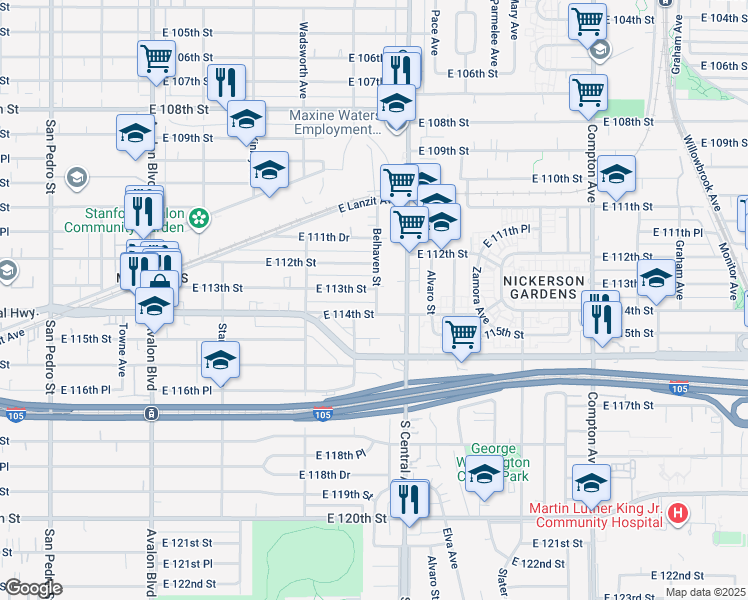 map of restaurants, bars, coffee shops, grocery stores, and more near 11309 Belhaven Street in Los Angeles