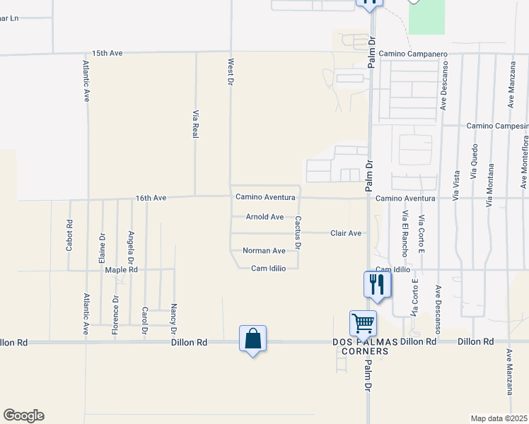 map of restaurants, bars, coffee shops, grocery stores, and more near Arnold Avenue in Desert Hot Springs