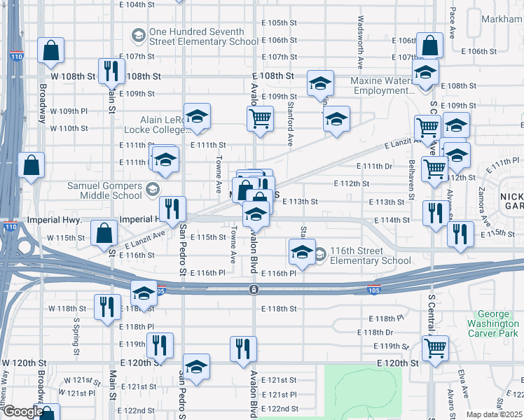 map of restaurants, bars, coffee shops, grocery stores, and more near 611 East Imperial Highway in Los Angeles