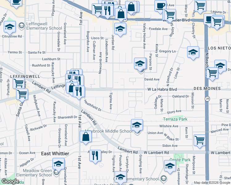 map of restaurants, bars, coffee shops, grocery stores, and more near 11105 Pounds Avenue in Whittier