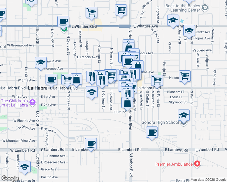 map of restaurants, bars, coffee shops, grocery stores, and more near 124 South Valencia Street in La Habra