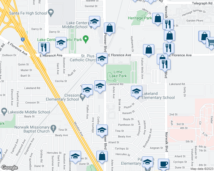 map of restaurants, bars, coffee shops, grocery stores, and more near 11004 Pioneer Boulevard in Norwalk