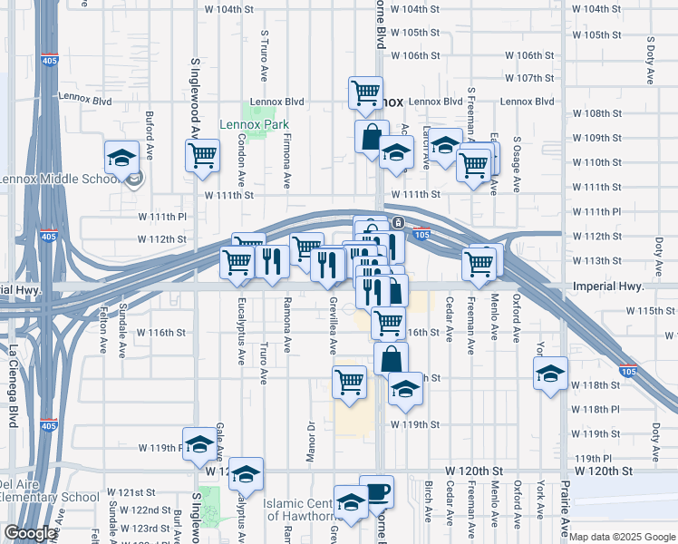 map of restaurants, bars, coffee shops, grocery stores, and more near 11318 Grevillea Avenue in Inglewood
