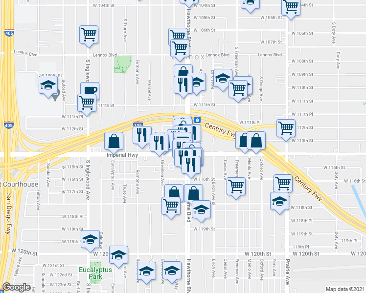 map of restaurants, bars, coffee shops, grocery stores, and more near 11317 Hawthorne Boulevard in Inglewood