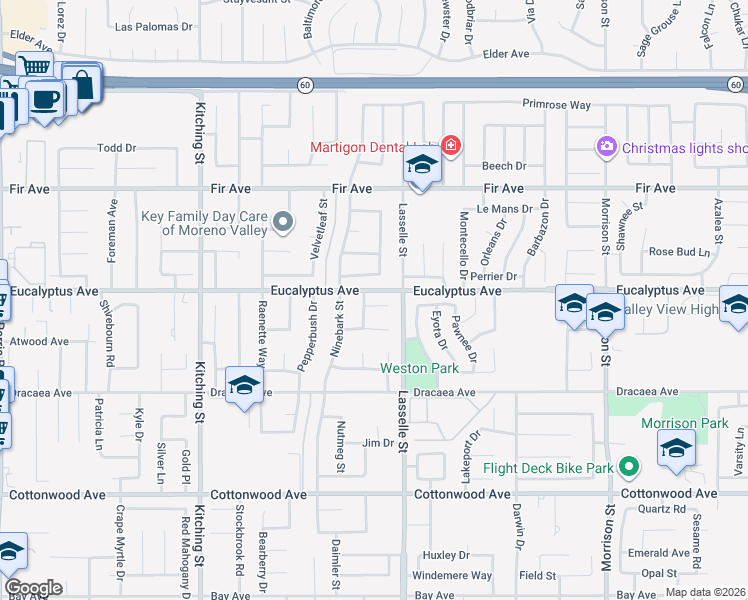map of restaurants, bars, coffee shops, grocery stores, and more near 25932 Andre Court in Moreno Valley