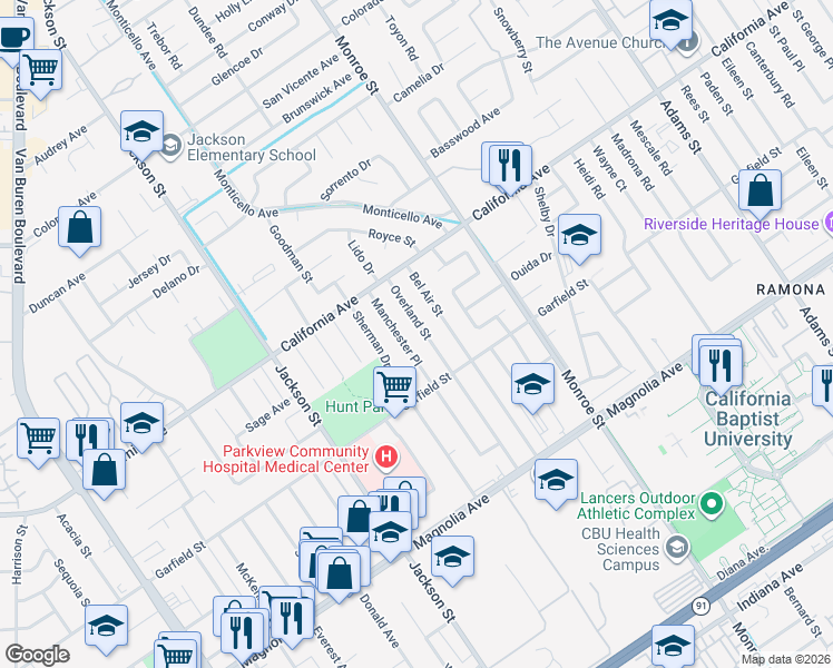 map of restaurants, bars, coffee shops, grocery stores, and more near 4071 Overland Street in Riverside