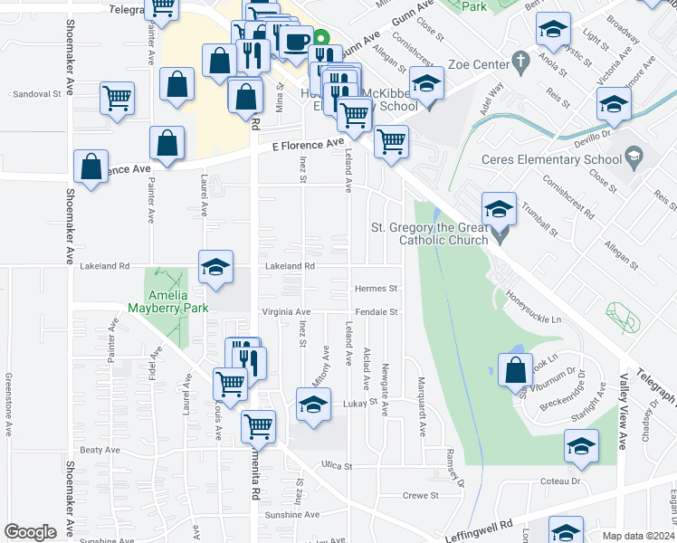 map of restaurants, bars, coffee shops, grocery stores, and more near 13546 Lakeland Road in Whittier