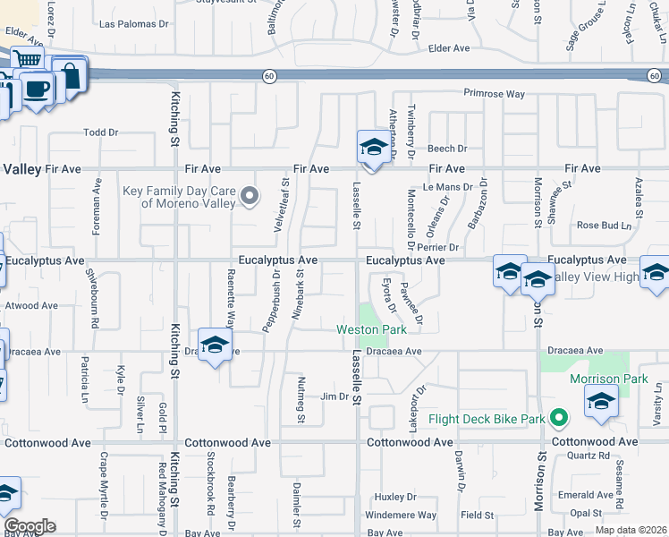 map of restaurants, bars, coffee shops, grocery stores, and more near 25944 Andre Court in Moreno Valley