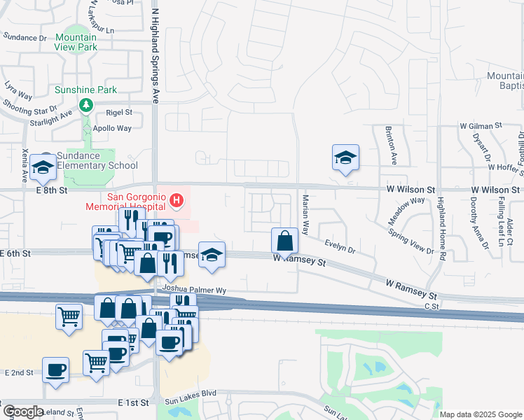 map of restaurants, bars, coffee shops, grocery stores, and more near 5700 West Wilson Street in Banning