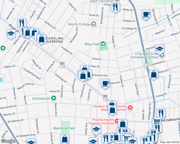 map of restaurants, bars, coffee shops, grocery stores, and more near 3 Peach Street in Sumter