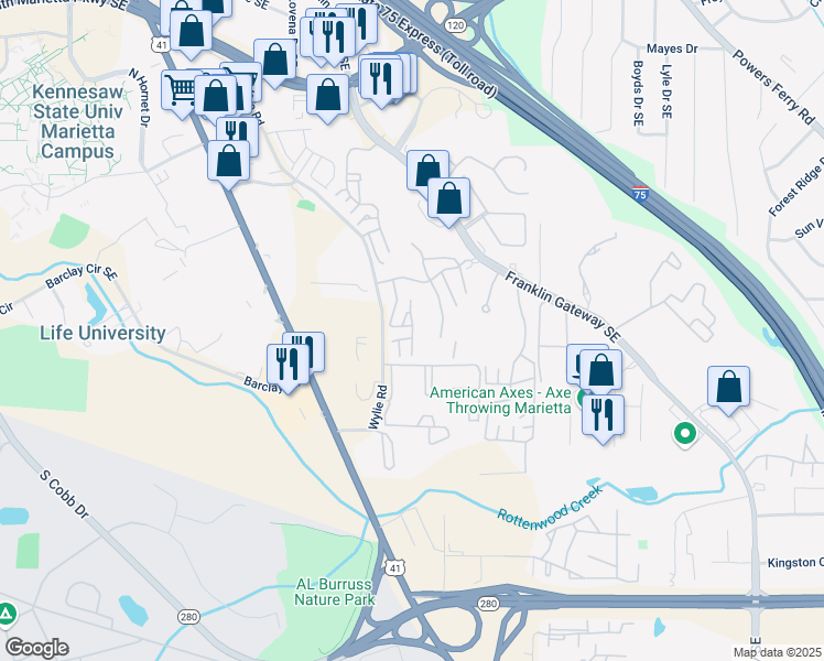 map of restaurants, bars, coffee shops, grocery stores, and more near 1709 Augusta Drive in Marietta