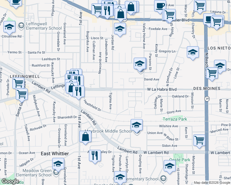 map of restaurants, bars, coffee shops, grocery stores, and more near 11105 Pounds Avenue in Whittier