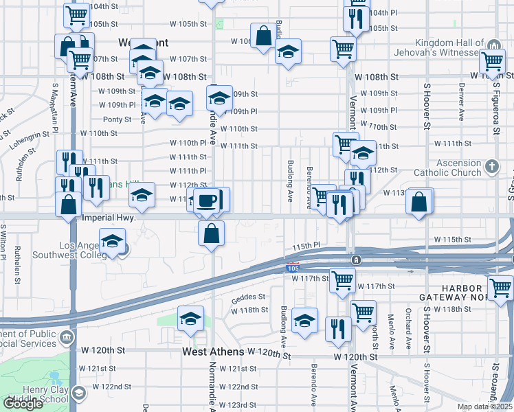 map of restaurants, bars, coffee shops, grocery stores, and more near 11246 Raymond Avenue in Los Angeles