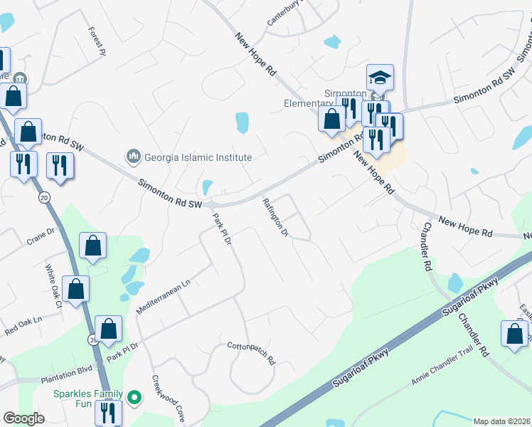 map of restaurants, bars, coffee shops, grocery stores, and more near 935 Rafington Drive in Lawrenceville