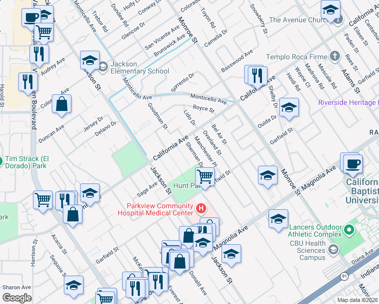map of restaurants, bars, coffee shops, grocery stores, and more near 4152 Sherman Drive in Riverside