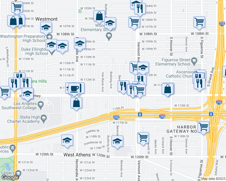 map of restaurants, bars, coffee shops, grocery stores, and more near 11242 South Budlong Avenue in Los Angeles