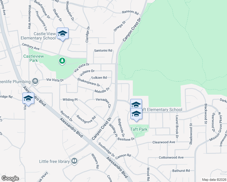 map of restaurants, bars, coffee shops, grocery stores, and more near 6568 Balzac Circle in Riverside
