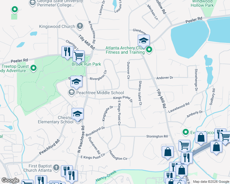 map of restaurants, bars, coffee shops, grocery stores, and more near 2367 Riverglenn Circle in Dunwoody