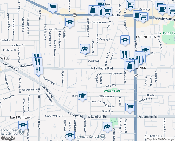 map of restaurants, bars, coffee shops, grocery stores, and more near 16631 Crape Myrtle Lane in Whittier
