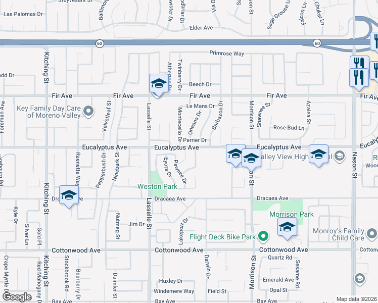 map of restaurants, bars, coffee shops, grocery stores, and more near 13016 Teton Ct in Moreno Valley