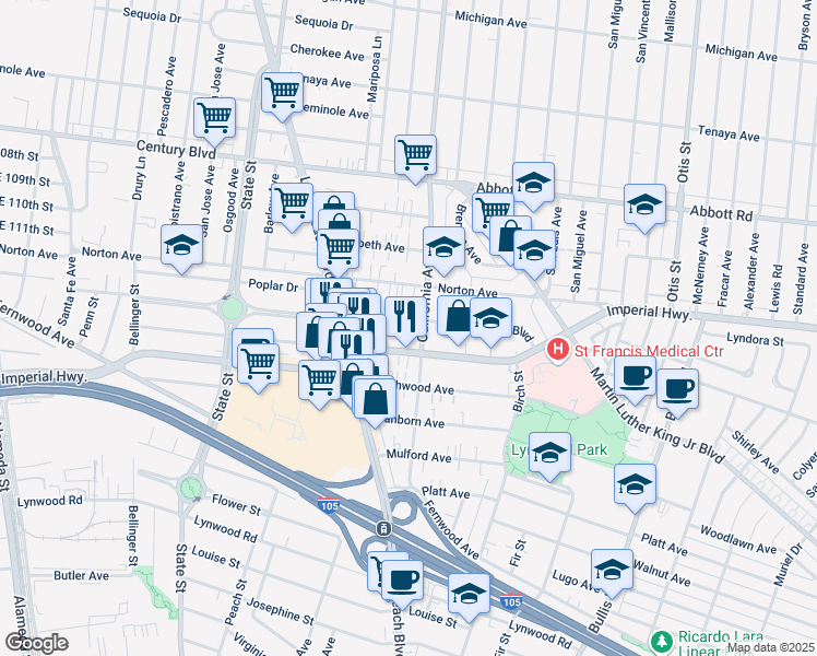 map of restaurants, bars, coffee shops, grocery stores, and more near 3382 Los Flores Boulevard in Lynwood