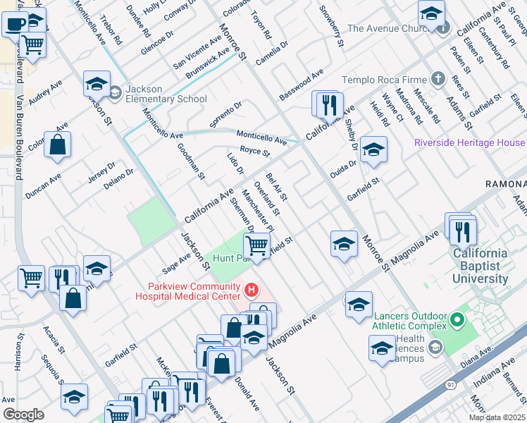map of restaurants, bars, coffee shops, grocery stores, and more near 4118 Manchester Place in Riverside