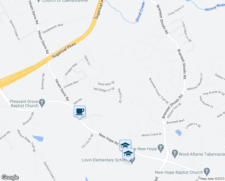 map of restaurants, bars, coffee shops, grocery stores, and more near 1491 Still Ridge Lane Southeast in Lawrenceville