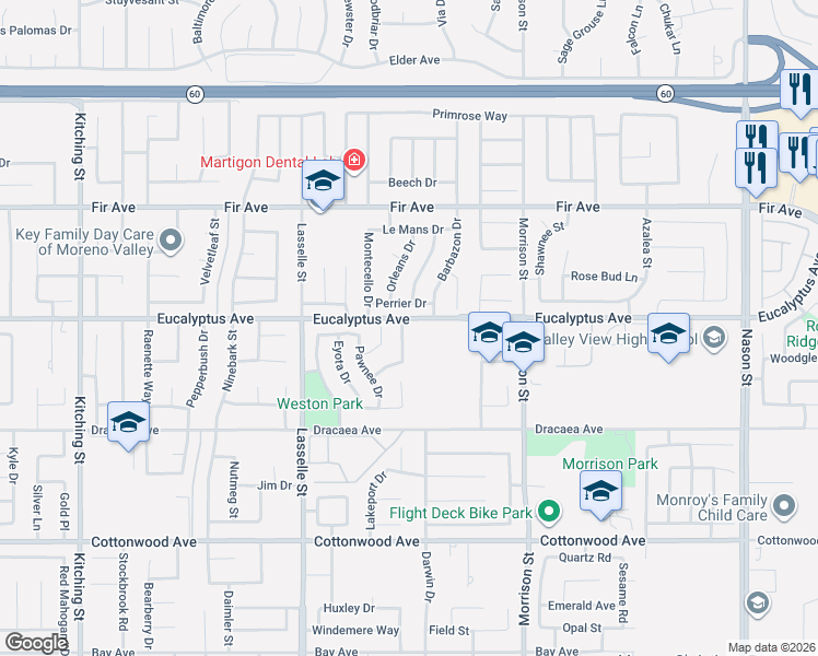 map of restaurants, bars, coffee shops, grocery stores, and more near 13020 Wichita Way in Moreno Valley