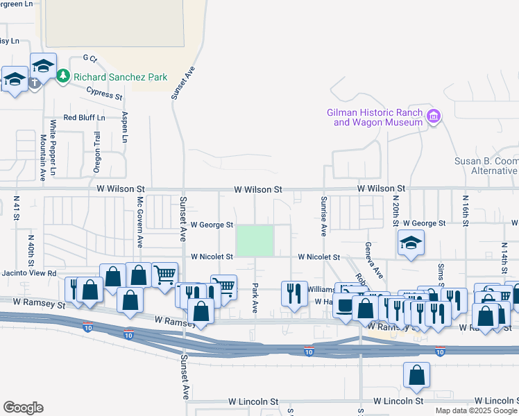 map of restaurants, bars, coffee shops, grocery stores, and more near 690 Park Avenue in Banning