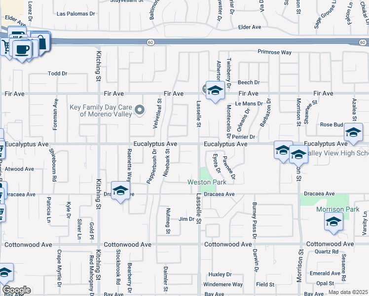 map of restaurants, bars, coffee shops, grocery stores, and more near 25932 Andre Court in Moreno Valley