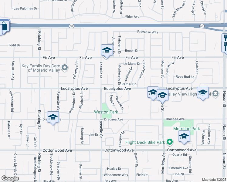 map of restaurants, bars, coffee shops, grocery stores, and more near 26094 Biloxi Drive in Moreno Valley
