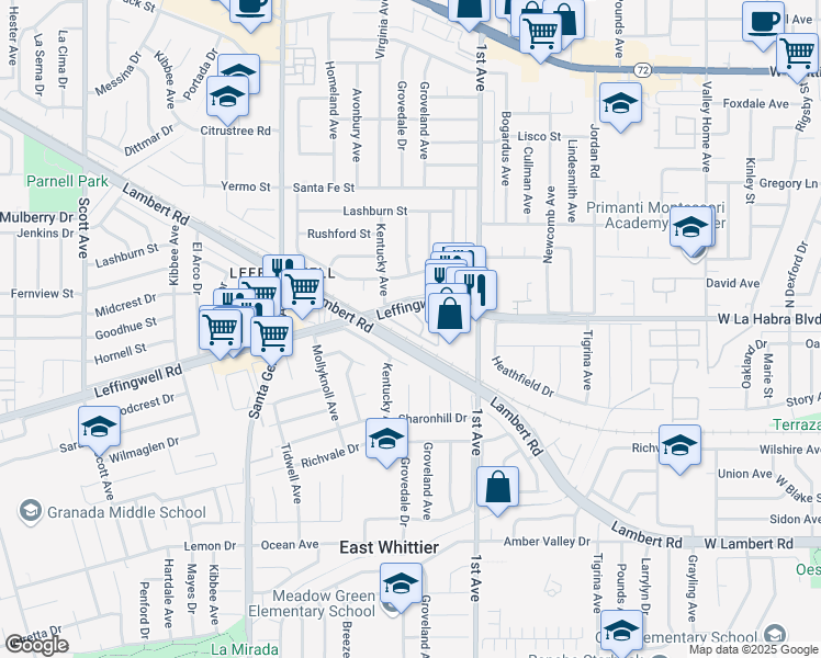 map of restaurants, bars, coffee shops, grocery stores, and more near 16040 Leffingwell Road in Whittier