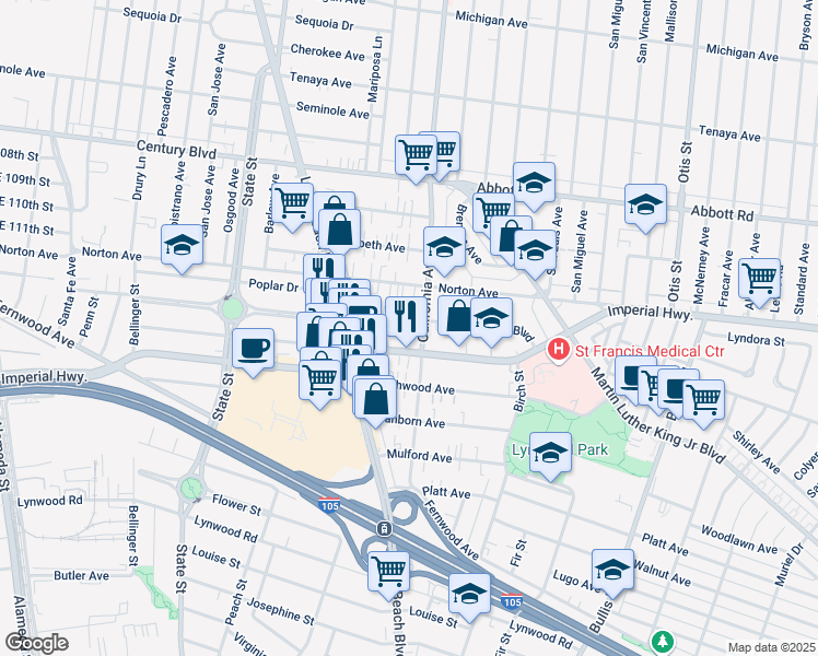 map of restaurants, bars, coffee shops, grocery stores, and more near 3382 Los Flores Boulevard in Lynwood