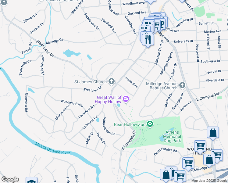 map of restaurants, bars, coffee shops, grocery stores, and more near 2065 South Lumpkin Street in Athens
