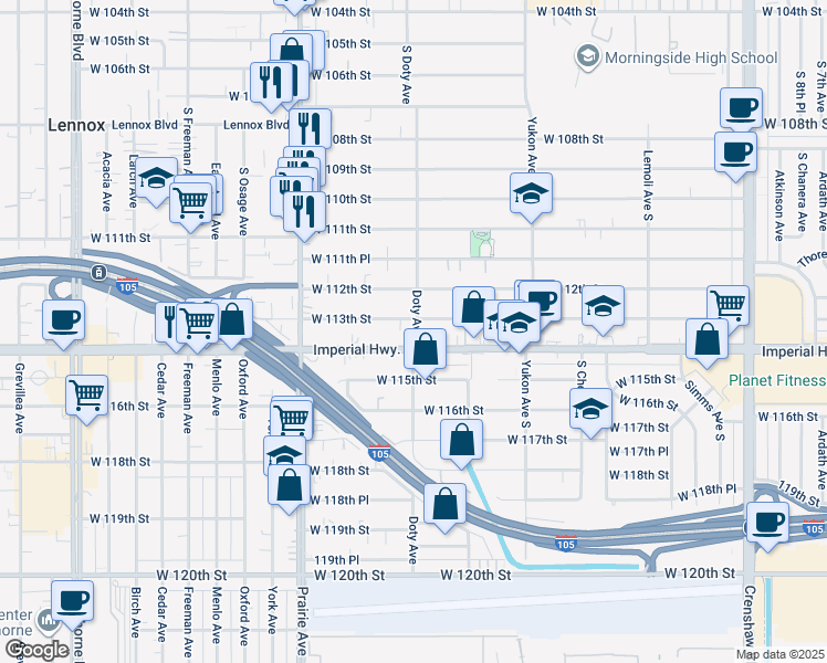 map of restaurants, bars, coffee shops, grocery stores, and more near 11309 Doty Avenue in Inglewood