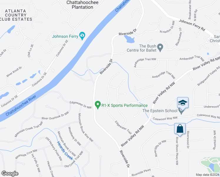 map of restaurants, bars, coffee shops, grocery stores, and more near 825 Edgewater Trail in Sandy Springs