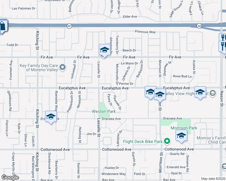 map of restaurants, bars, coffee shops, grocery stores, and more near 26110 Biloxi Drive in Moreno Valley