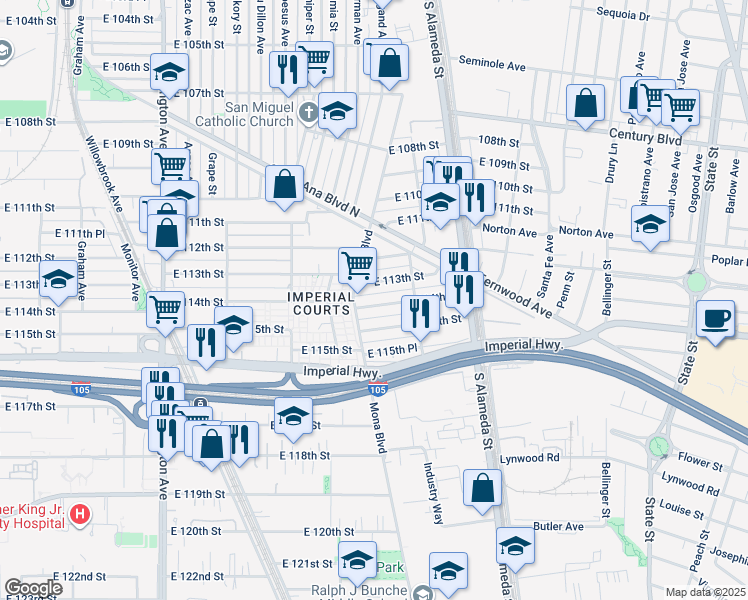 map of restaurants, bars, coffee shops, grocery stores, and more near 2419 East 114th Street in Los Angeles