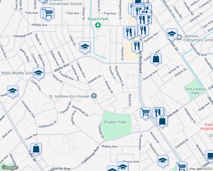 map of restaurants, bars, coffee shops, grocery stores, and more near 7900 Temecula Place in Riverside