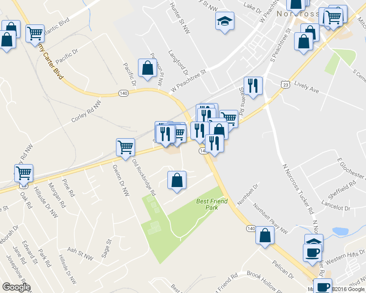 map of restaurants, bars, coffee shops, grocery stores, and more near 6170 U.S. 23 in Norcross